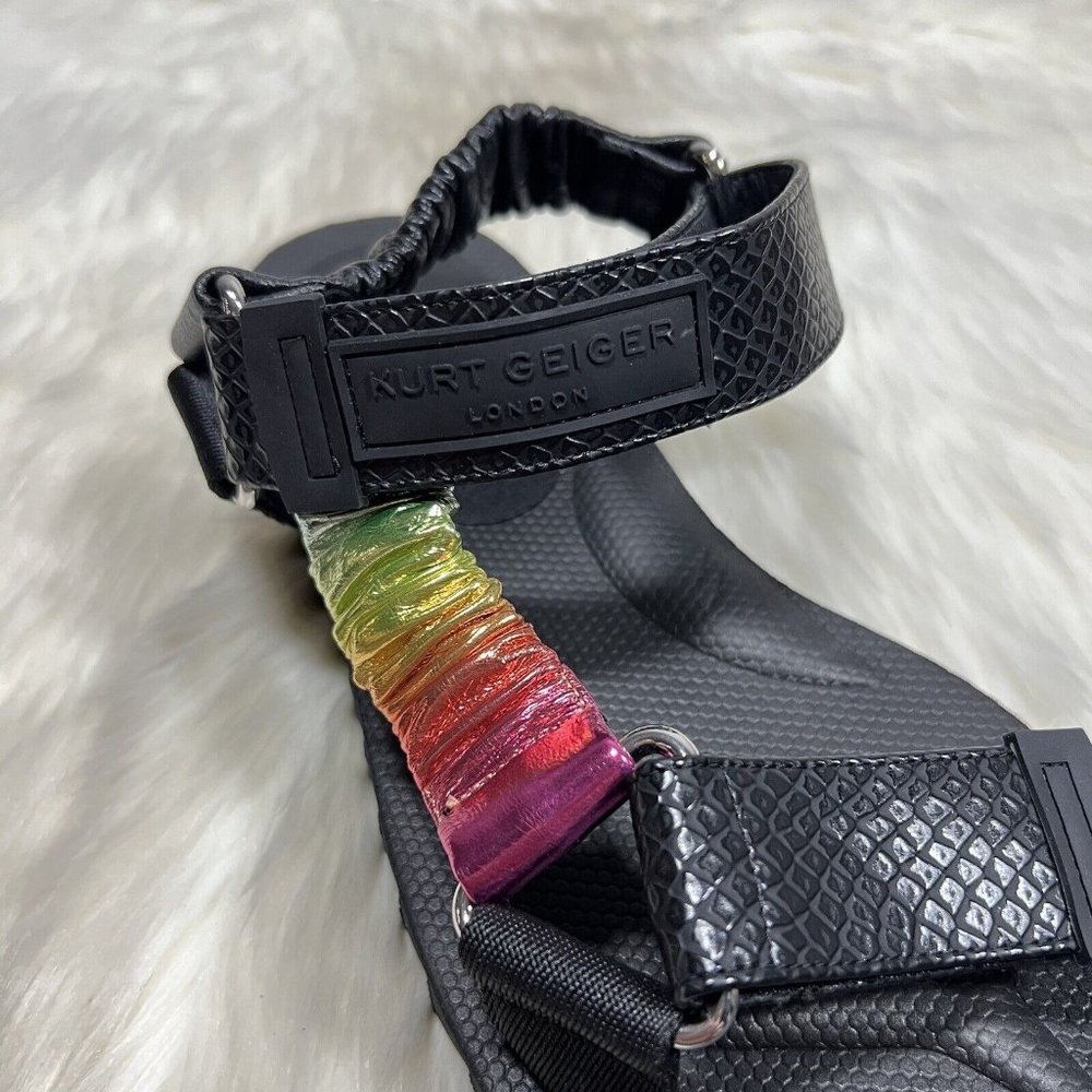 NEW Kurt Geiger Men's Size 44.5 / US 10.5 Black Rainbow Leather Orion Sandals - Picture 6 of 12